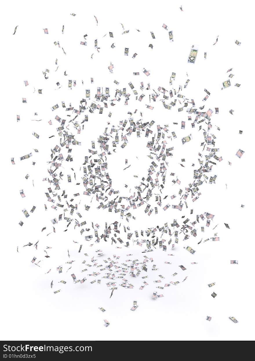 3d rendering of a swarm of falling 1-pound notes creating an @ symbol. 3d rendering of a swarm of falling 1-pound notes creating an @ symbol