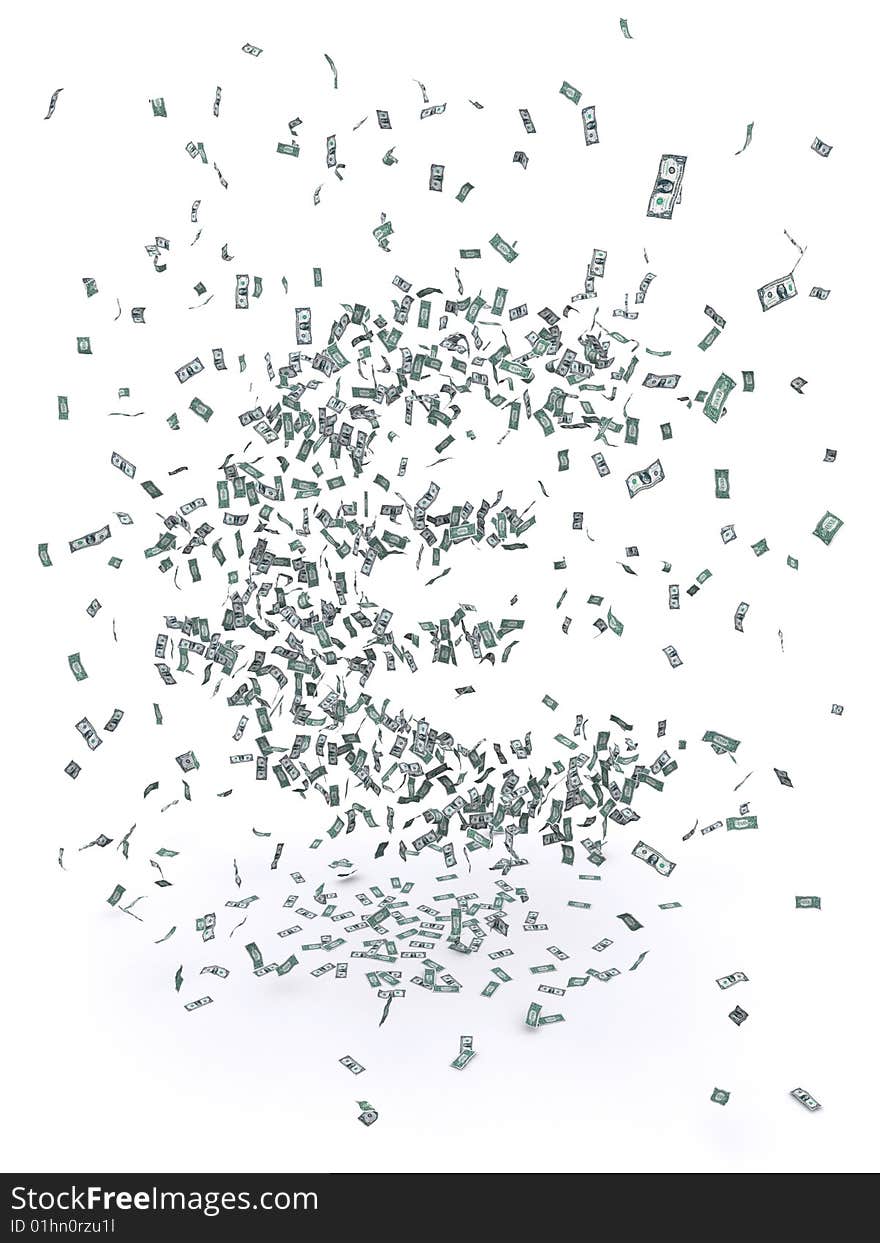 3d rendering of a swarm of falling 1-dollar bills creating  a € symbol. 3d rendering of a swarm of falling 1-dollar bills creating  a € symbol