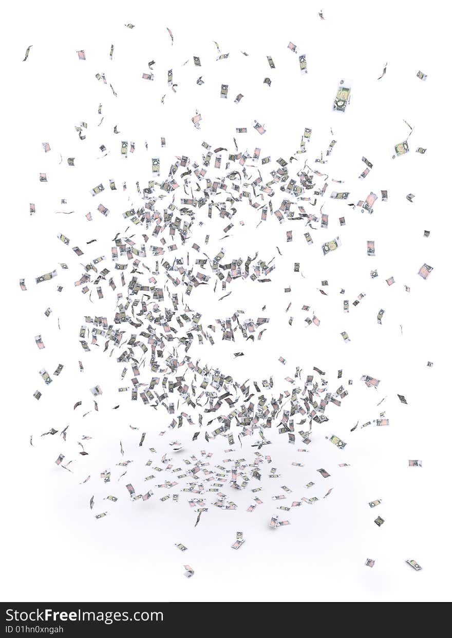 3d rendering of a swarm of falling 1-pound notes creating a € symbol. 3d rendering of a swarm of falling 1-pound notes creating a € symbol