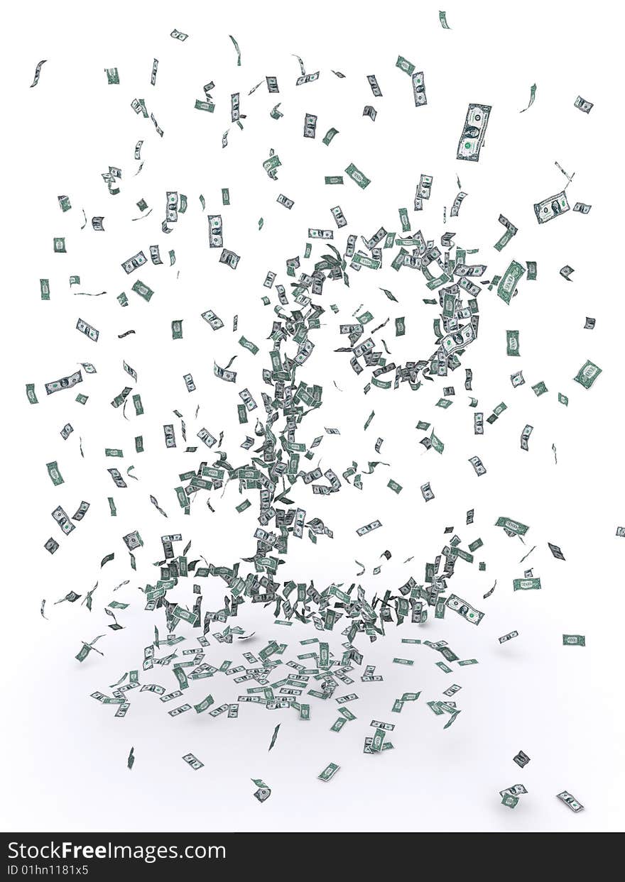 3d rendering of a swarm of falling 1-dollar bills creating a £ symbol. 3d rendering of a swarm of falling 1-dollar bills creating a £ symbol