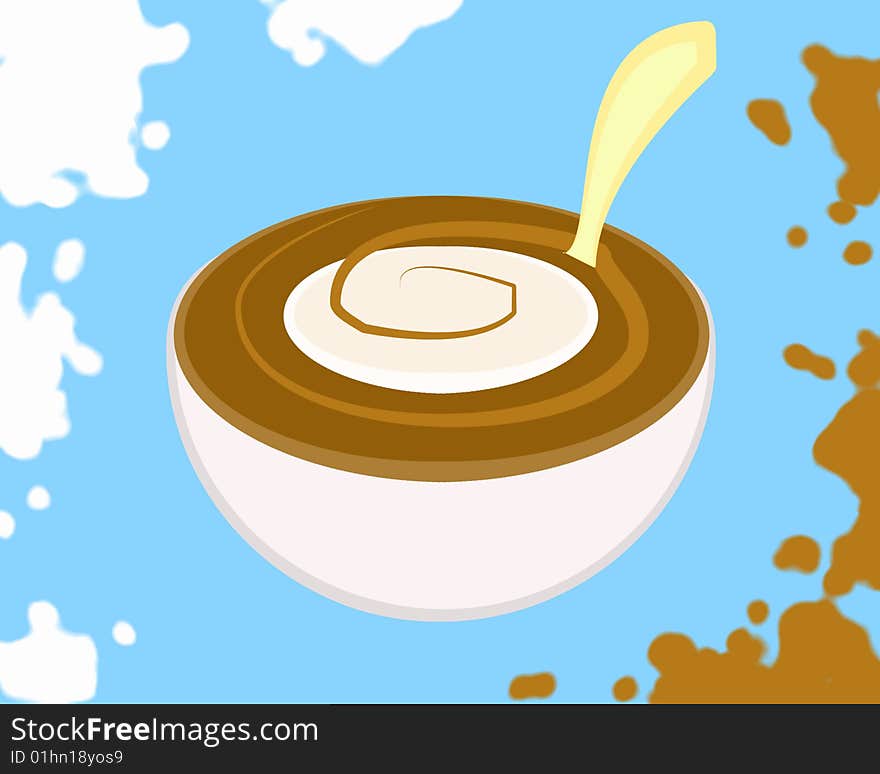 A white cup full of milk and coffee with a spoon sunk into it on a blue background all surrounded by drops of milk and coffee. Digital drawing. Coloured picture. A white cup full of milk and coffee with a spoon sunk into it on a blue background all surrounded by drops of milk and coffee. Digital drawing. Coloured picture.