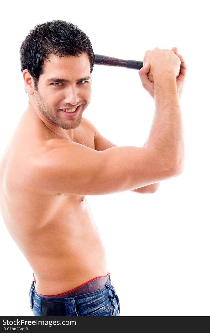 Side pose of smiling man with stick on an isolated white background