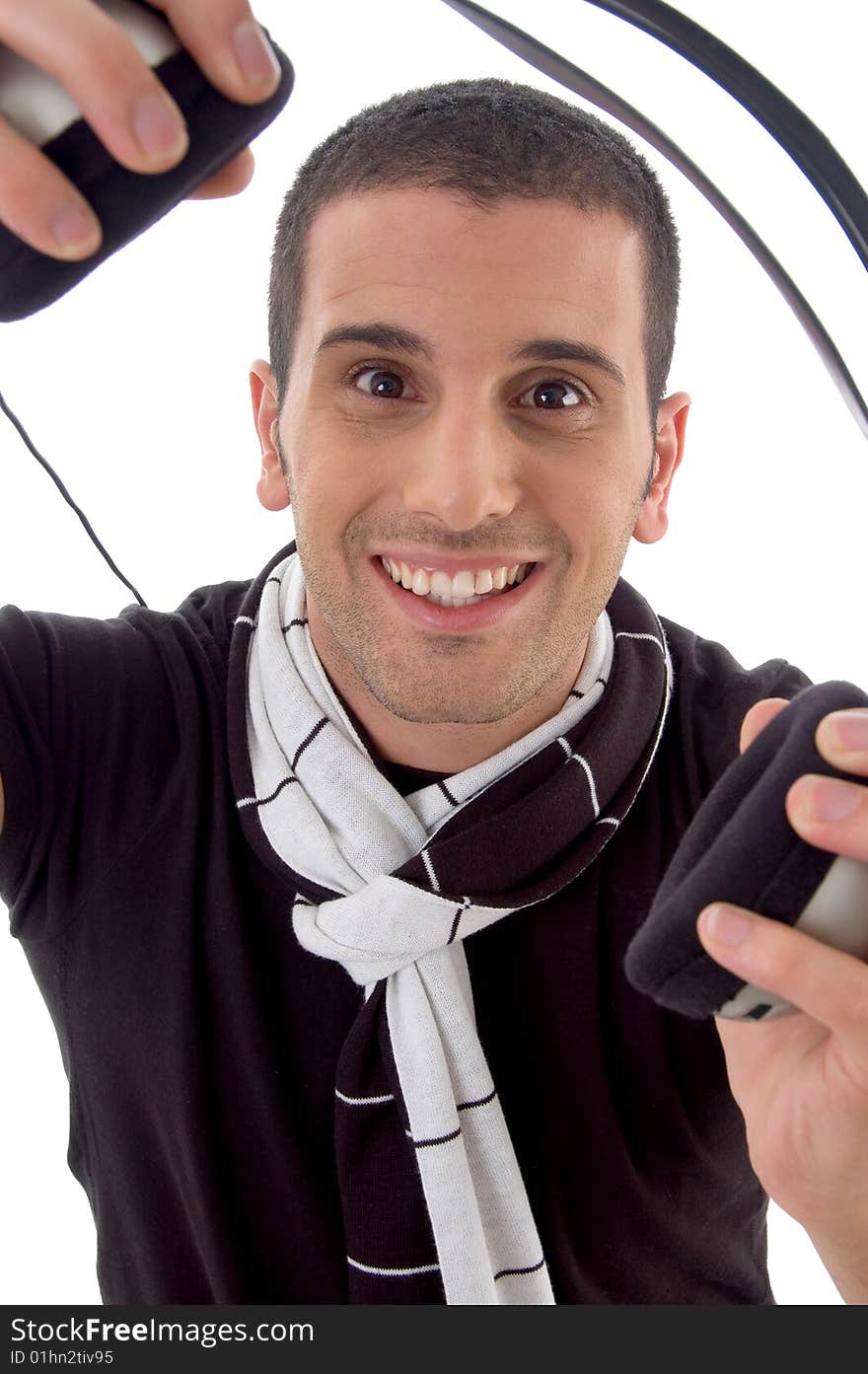 Smiling man with headphone with white background