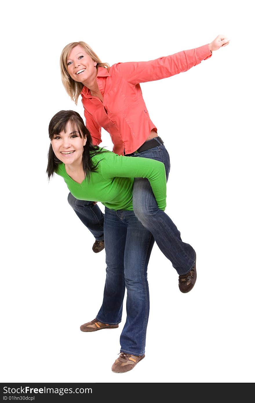 Two crazy women in friendship. over white background. Two crazy women in friendship. over white background