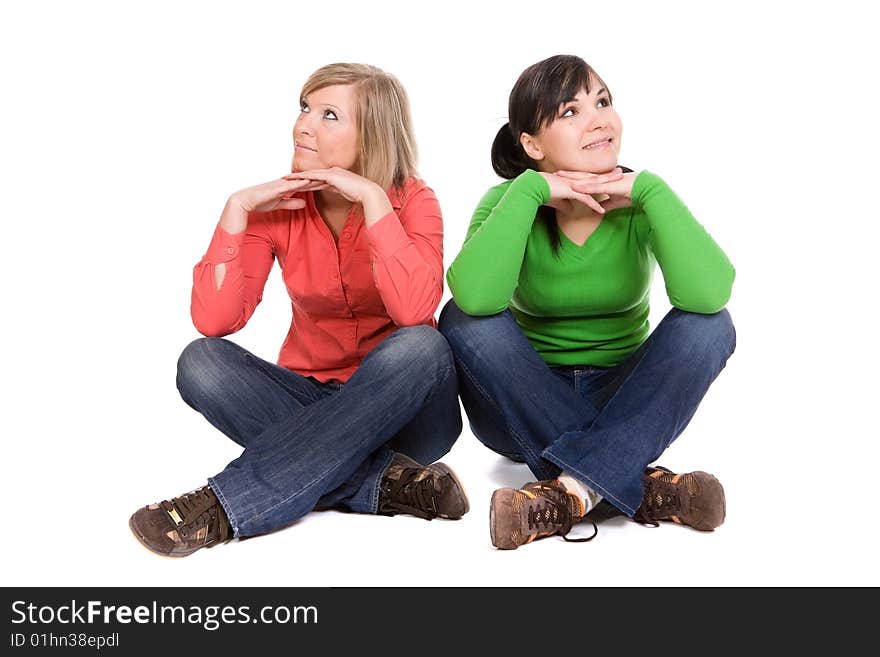 Two crazy women in friendship. over white background. Two crazy women in friendship. over white background