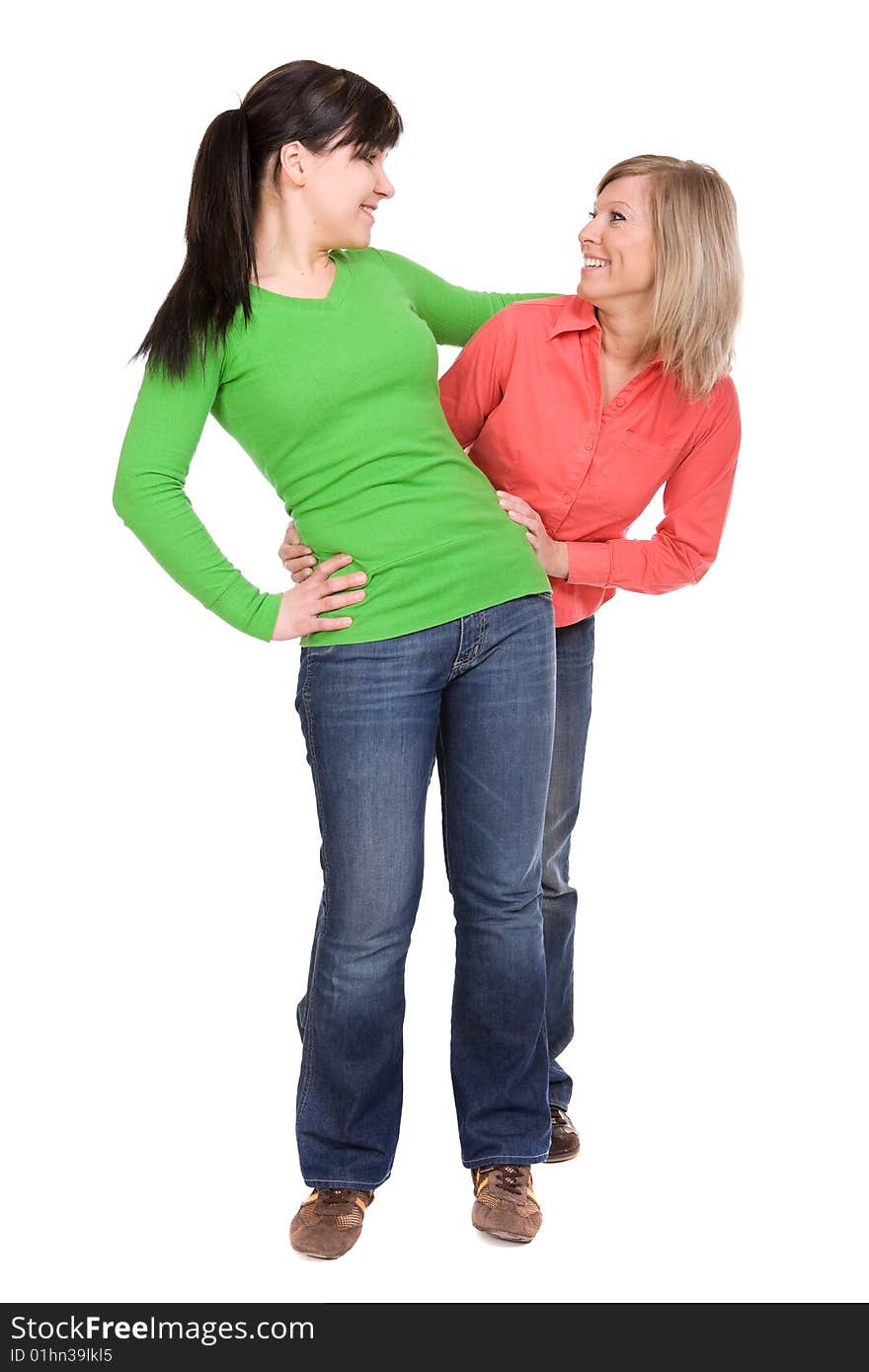 Two crazy women in friendship. over white background. Two crazy women in friendship. over white background