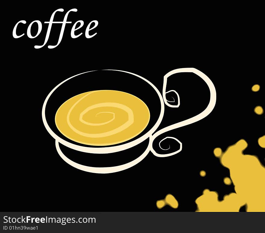 A painted cup of coffee on a black background with drops of coffee on the right down corner. Digital drawing. Coloured picture.