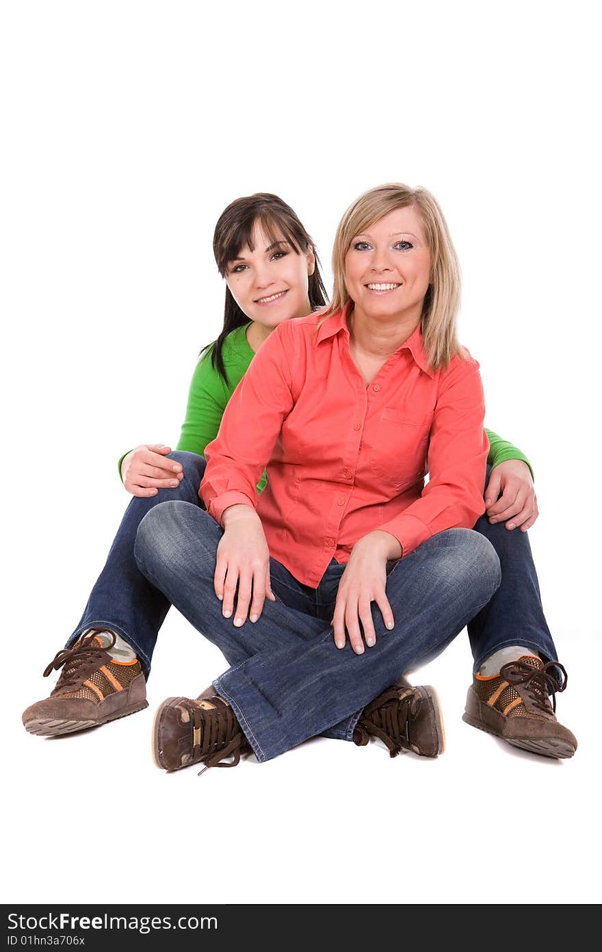 Two crazy women in friendship. over white background. Two crazy women in friendship. over white background