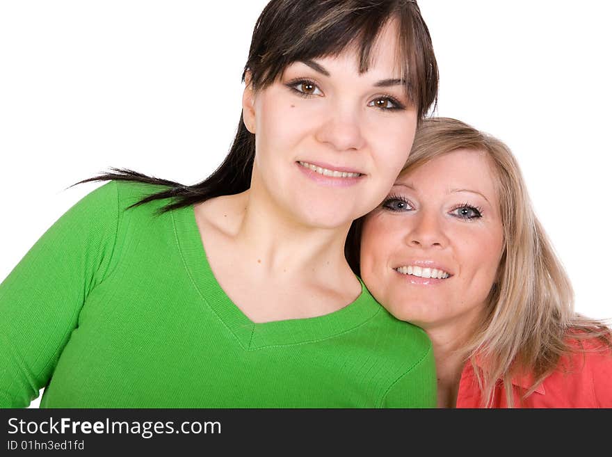 Two crazy women in friendship. over white background. Two crazy women in friendship. over white background