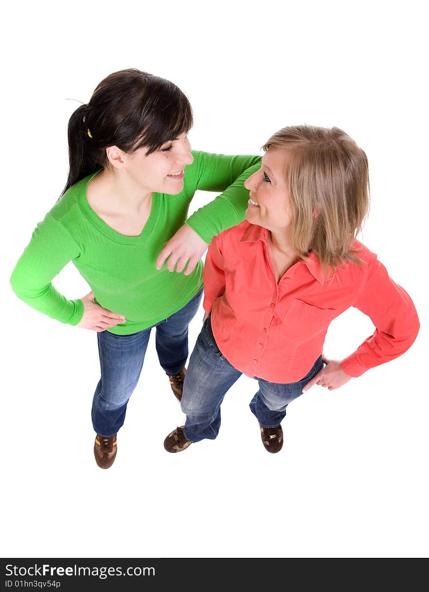 Two crazy women in friendship. over white background. Two crazy women in friendship. over white background