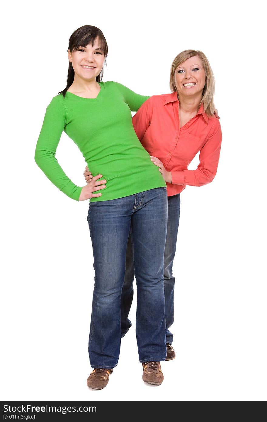 Two crazy women in friendship. over white background. Two crazy women in friendship. over white background