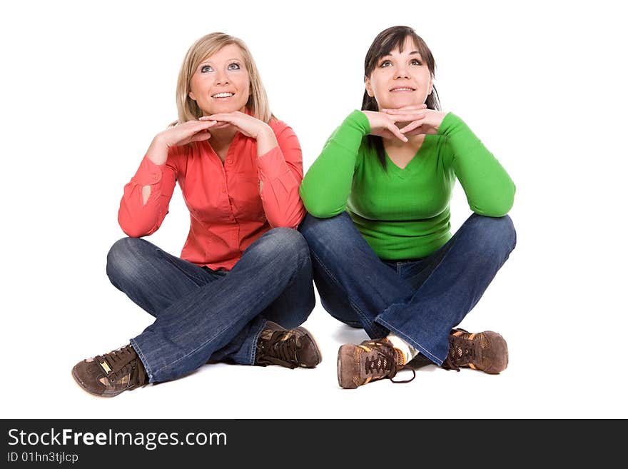 Two crazy women in friendship. over white background. Two crazy women in friendship. over white background