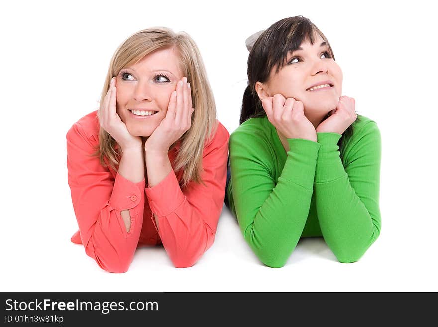 Two crazy women in friendship. over white background. Two crazy women in friendship. over white background