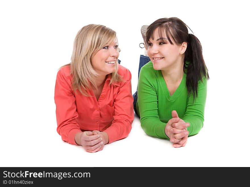 Two crazy women in friendship. over white background. Two crazy women in friendship. over white background