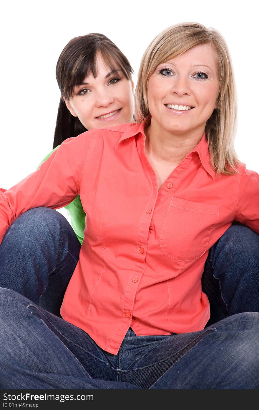 Two crazy women in friendship. over white background. Two crazy women in friendship. over white background