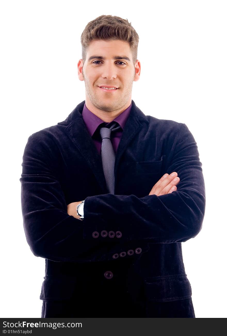 Handsome young accountant with arms crossed on an isolated background