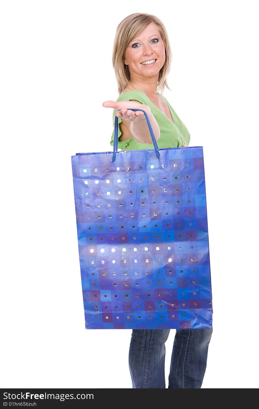 Attractive woman with shopping bag. over white background