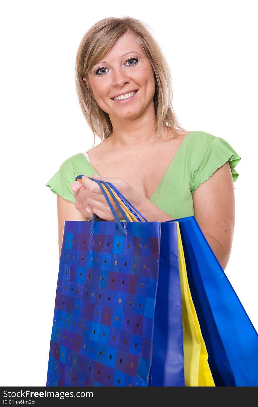 Attractive woman with shopping bag. over white background