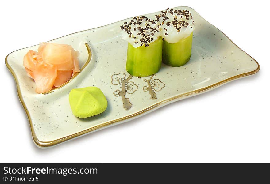 Sushi with cucumber, avocado and fish. Sushi with cucumber, avocado and fish