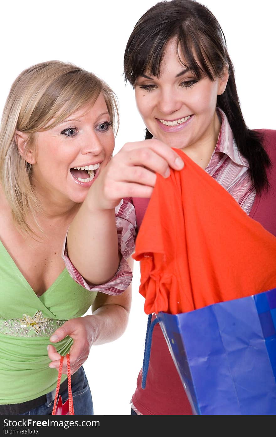 Two girl friends with shopping bags. Two girl friends with shopping bags