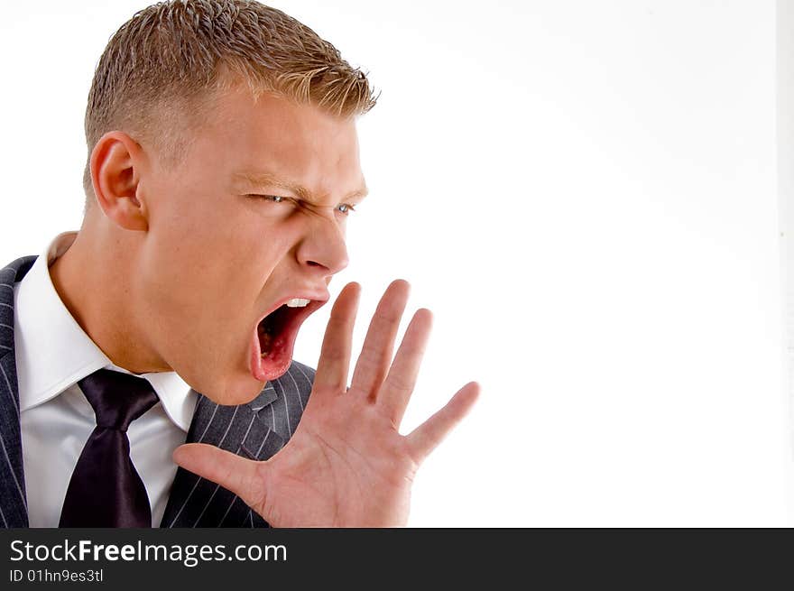 Close up of shouting executive with white background