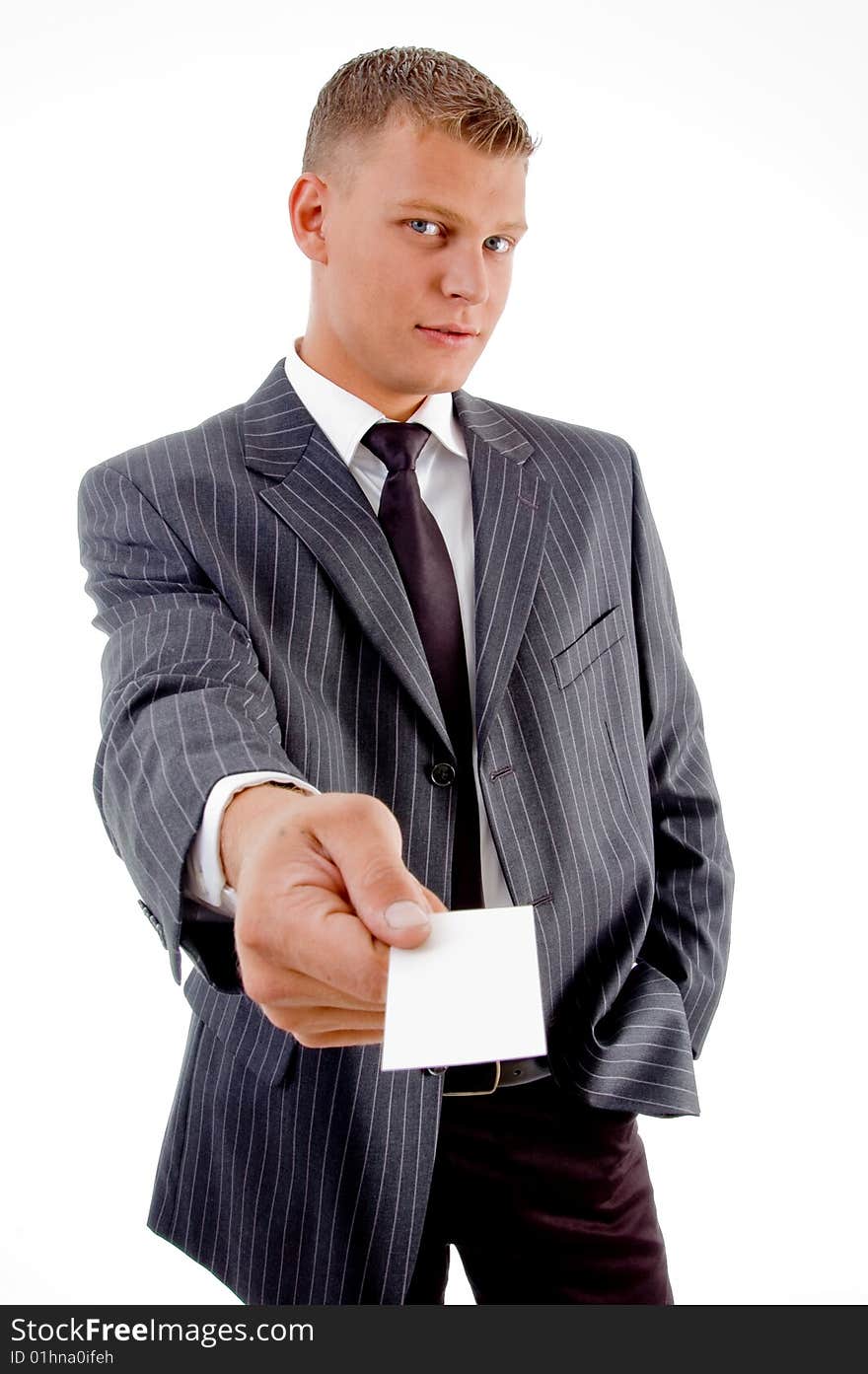 Standing professional showing business card with white background