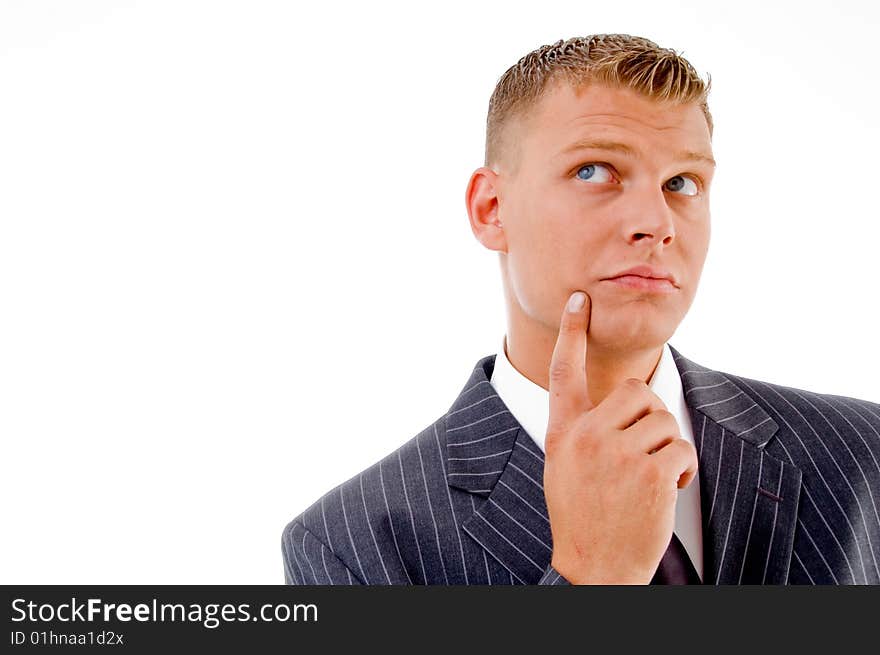 Portrait of businessman looking upside with white background