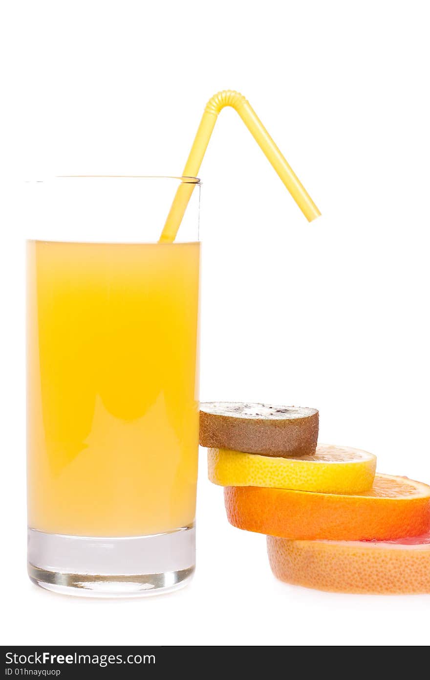 Juice in glass with orange, grapefruit, kiwi and lemon on a white background