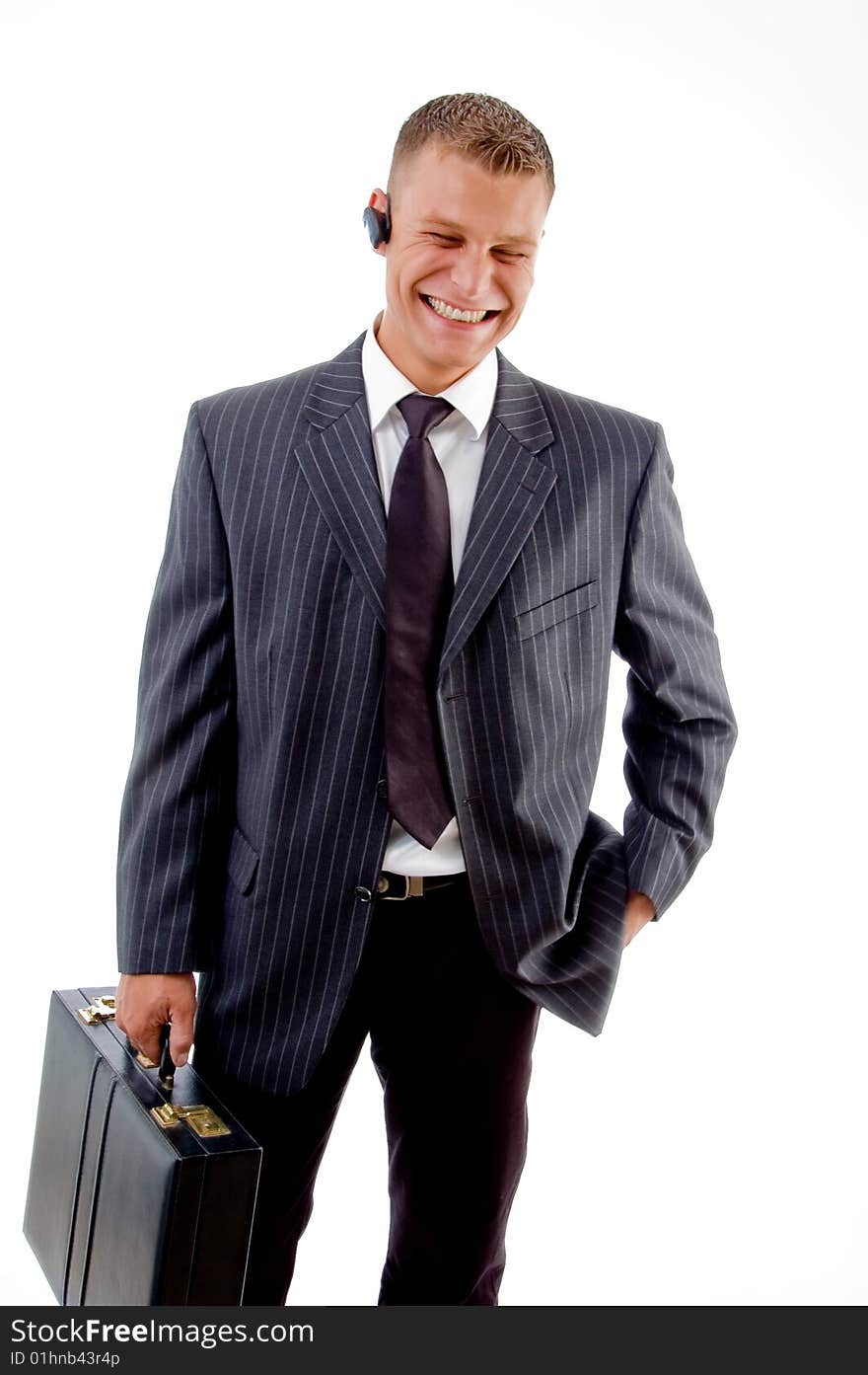 Portrait of businessman standing with office bag on an isolated background