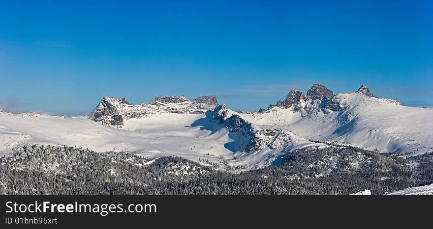 Ergaki, natural park in Russia. Rock Sleeping Sayan in winter