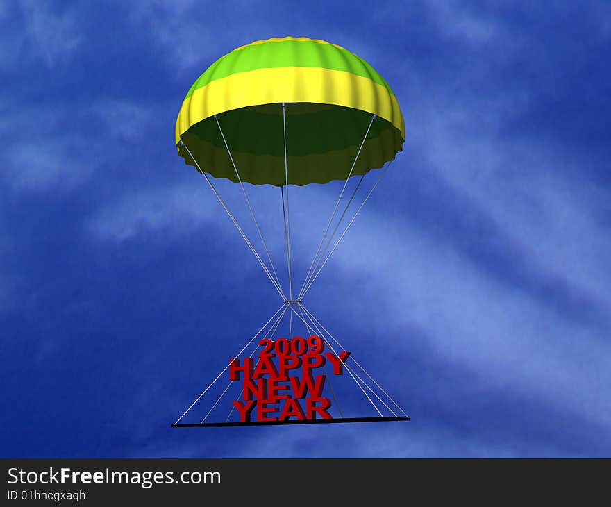 Three dimensional parachute with text in the sky. Three dimensional parachute with text in the sky