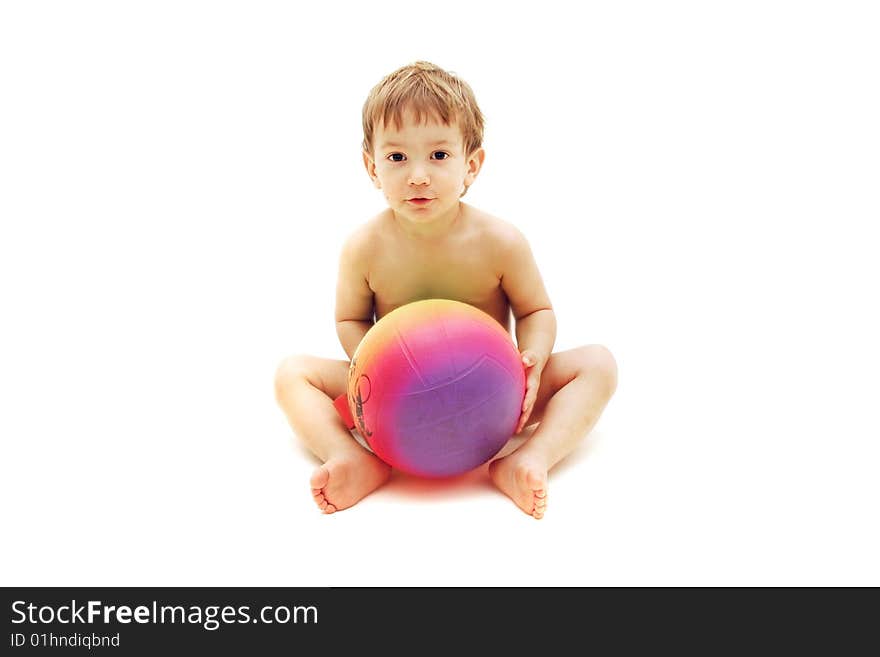 Cute toddler with colorful ball over white