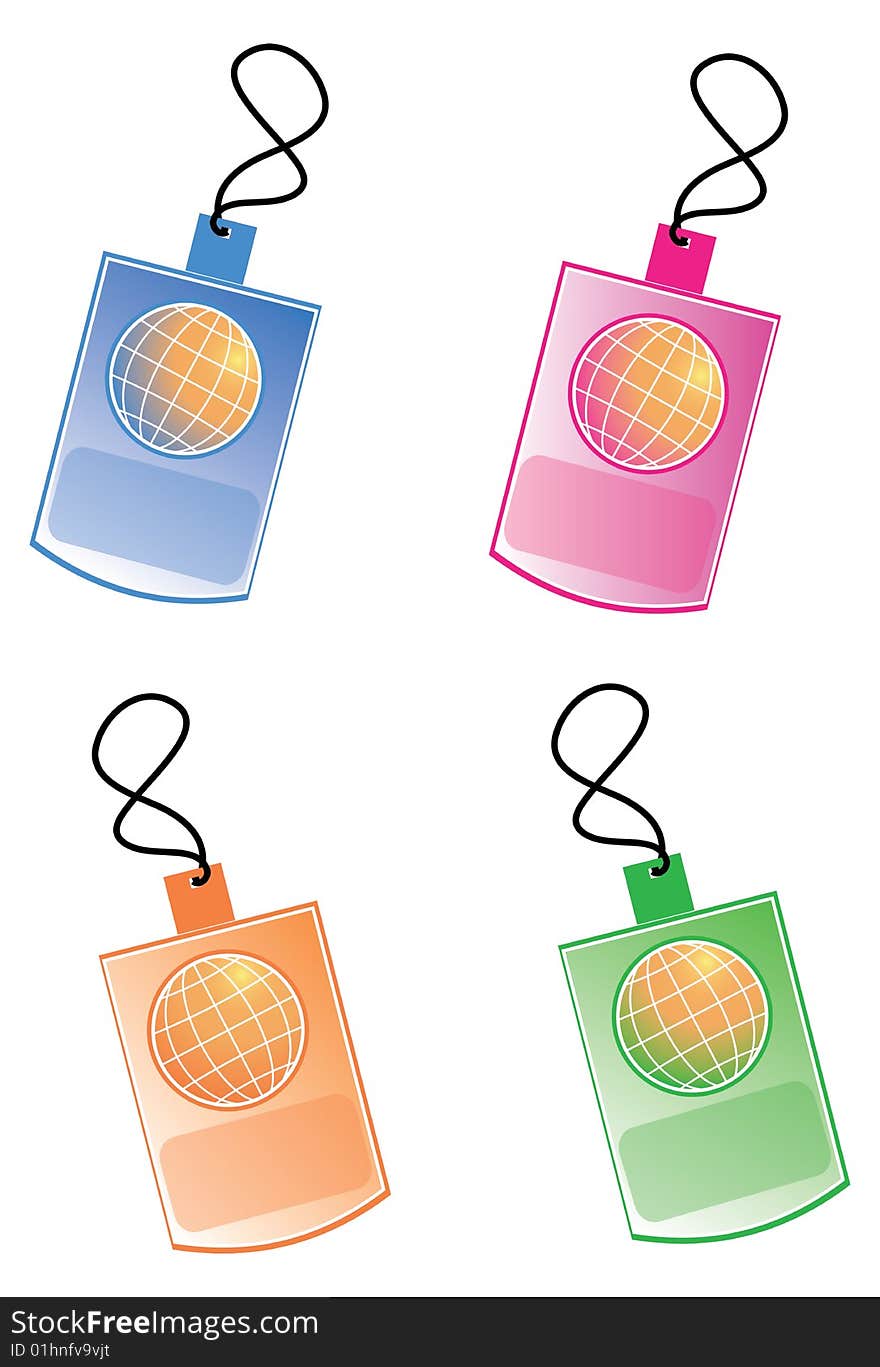 Detail of illustration shows colorful tags with golbe