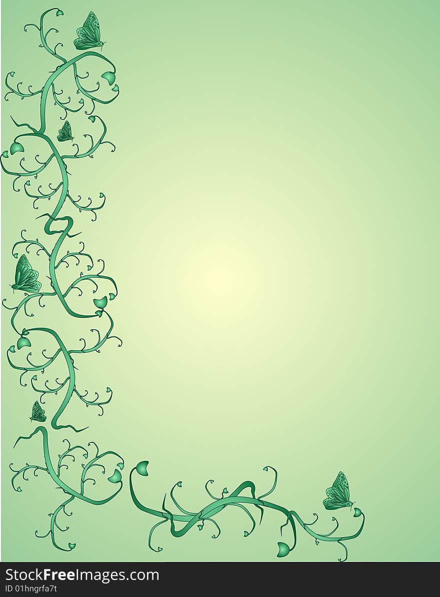 Butterflies and vines on an ornate green background..Victorian in colour and design. Butterflies and vines on an ornate green background..Victorian in colour and design..