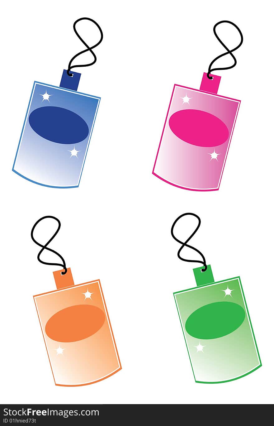 Detail of illustration shows colorful tags with oval