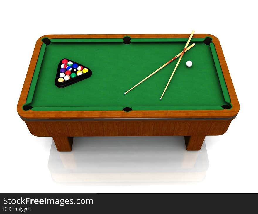 A billiard table with balls in a triangle and two cues.