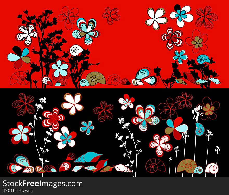 Vector design with drawing flowers and shell. Vector design with drawing flowers and shell