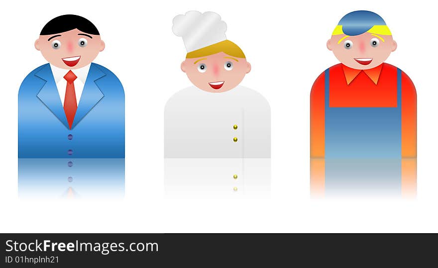 People icons of different professions. white background and reflection. People icons of different professions. white background and reflection