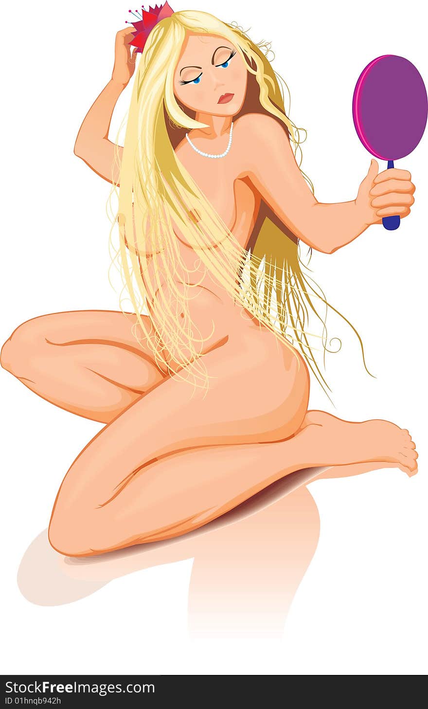 Young, naked, beautiful girl looks in the mirror. Vector illustration