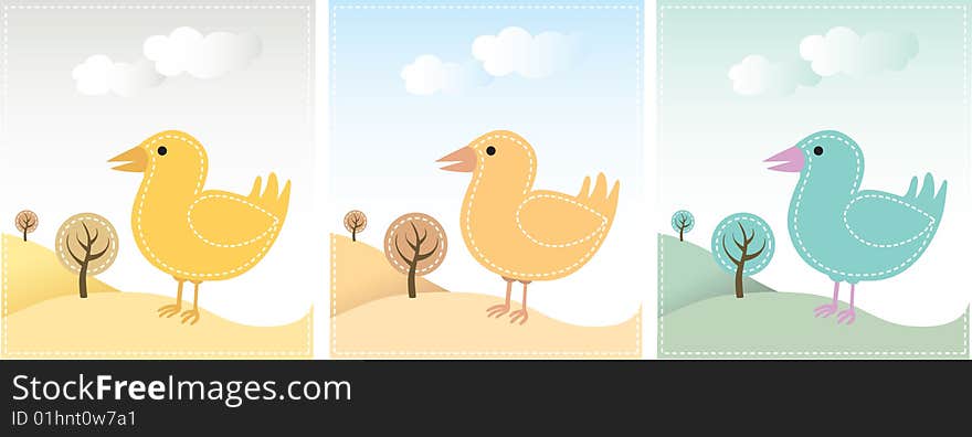 Three variations of a bird in a landscape