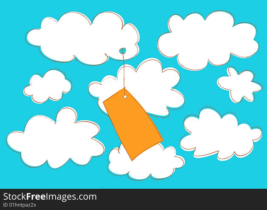 Vector illustration of funny cartoon label attached to the cloud on the sky background.