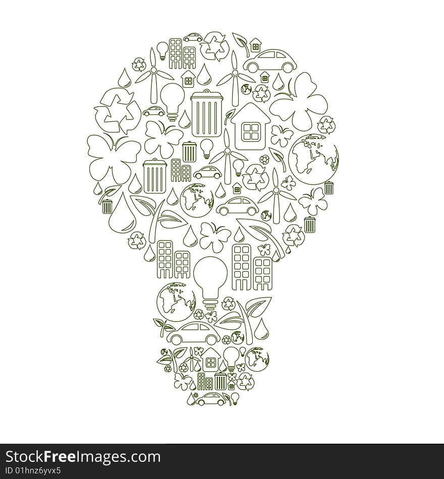 Vector illustration of bulb shape, made from different ecological items.