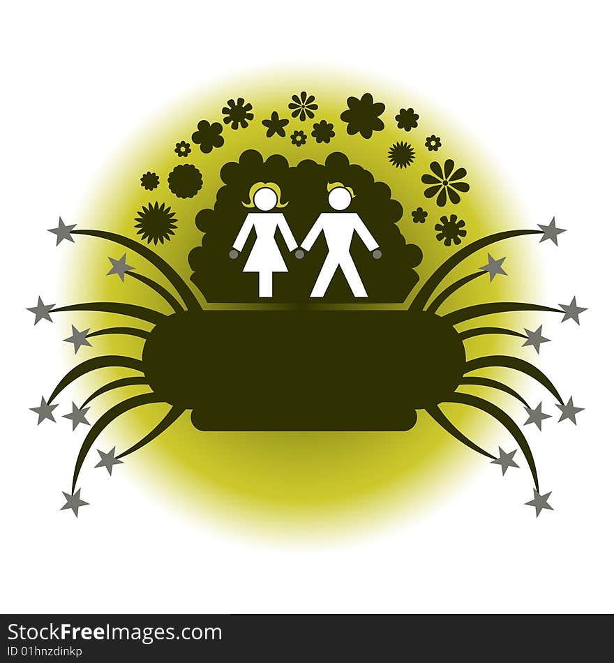 Vector illustration of couple silhouette on the funny floral and stars background.