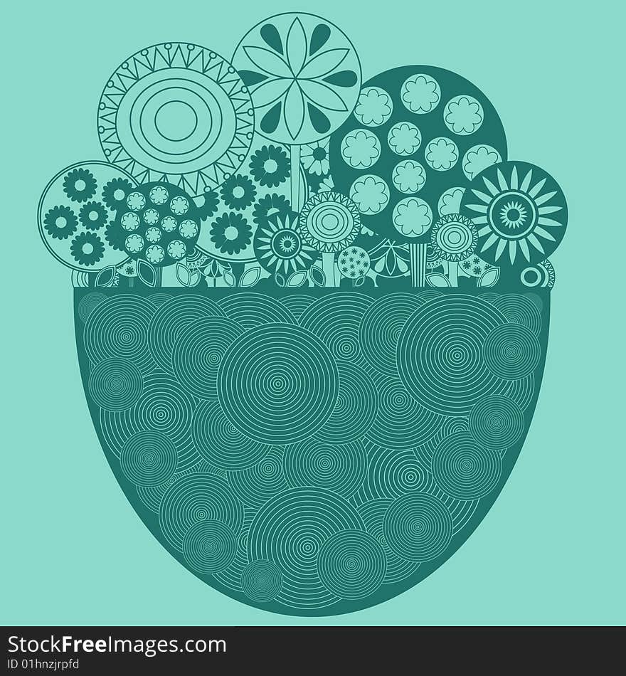 Vector illustration of funky floral background. Decorated with funny flowers and trees.