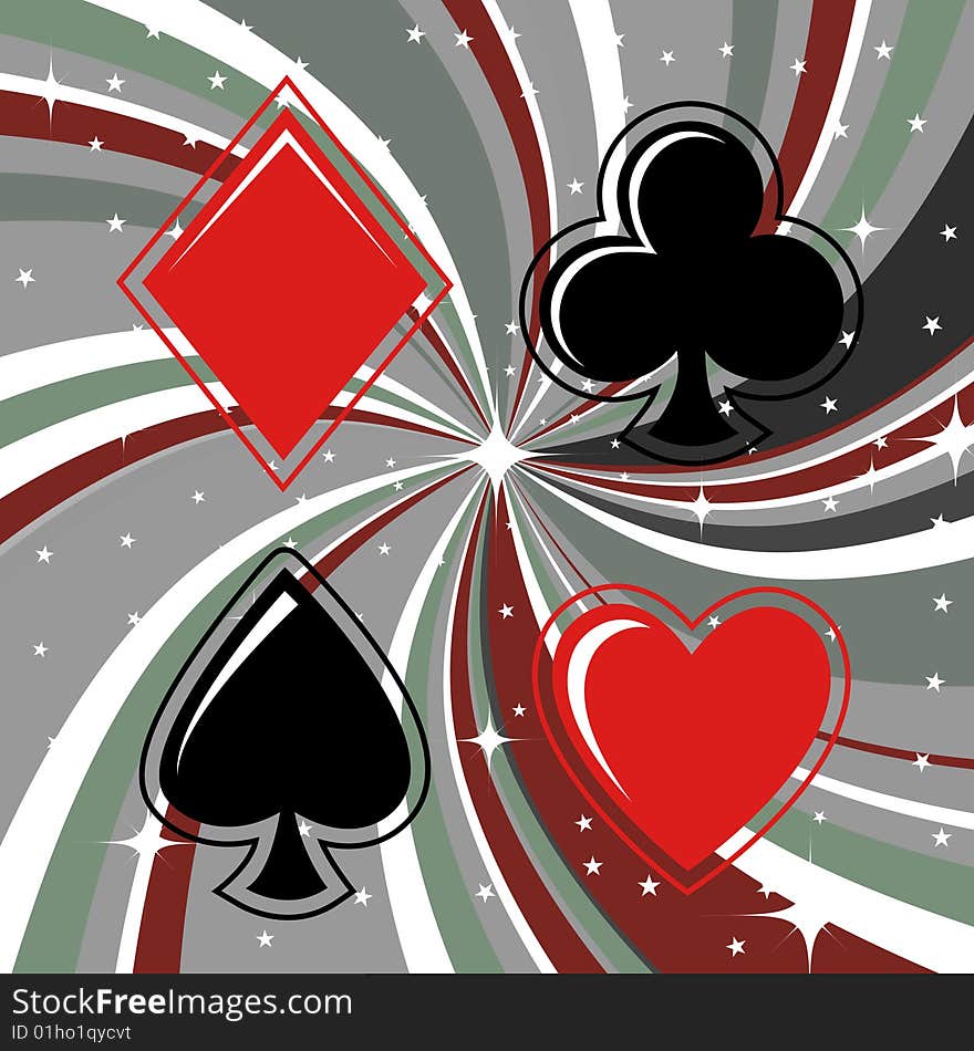 Vector illustration of gambling cards signs set on the beautifull background, decorated with stars and waves.