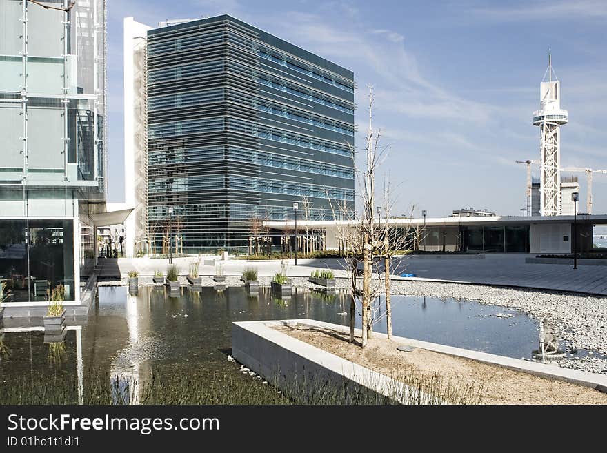 Modern office building on a background of blue sky