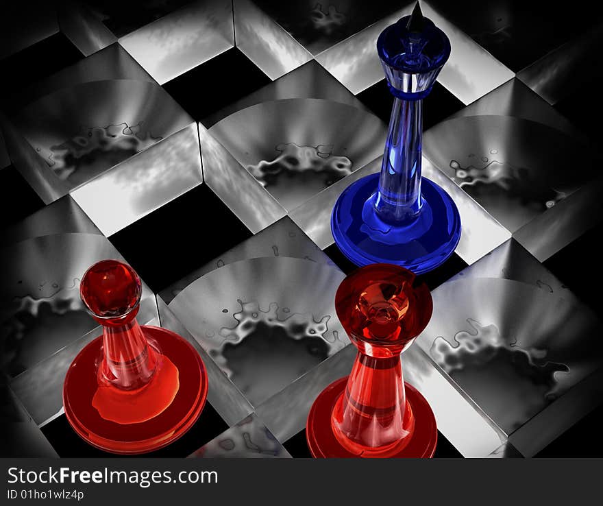 Game of chess on a glass board, on a black background. Abstraction.