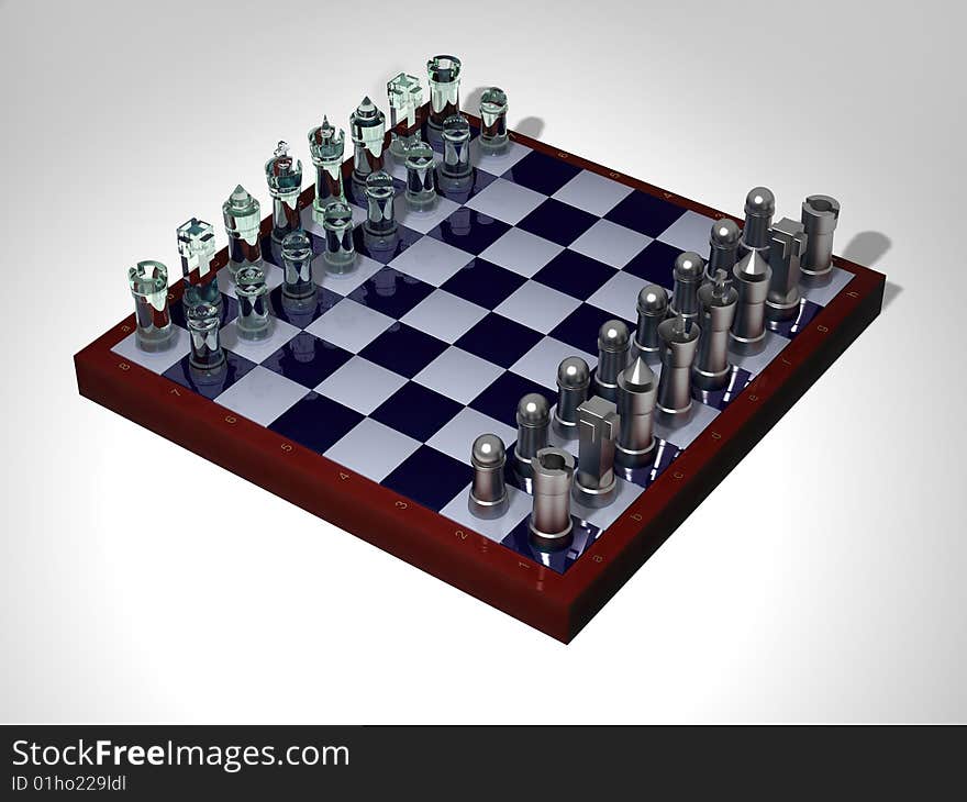 Chessboard with glass and iron figures on a white background.