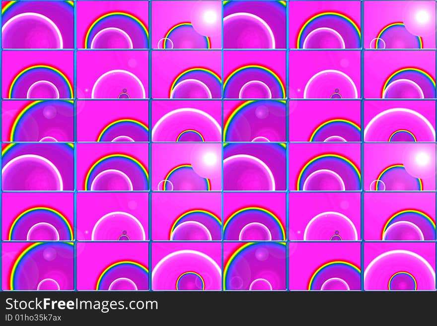 Colorful pink designed rainbows in 36 boxes