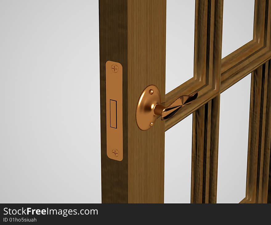 Wooden door with the gilt handle on a white background